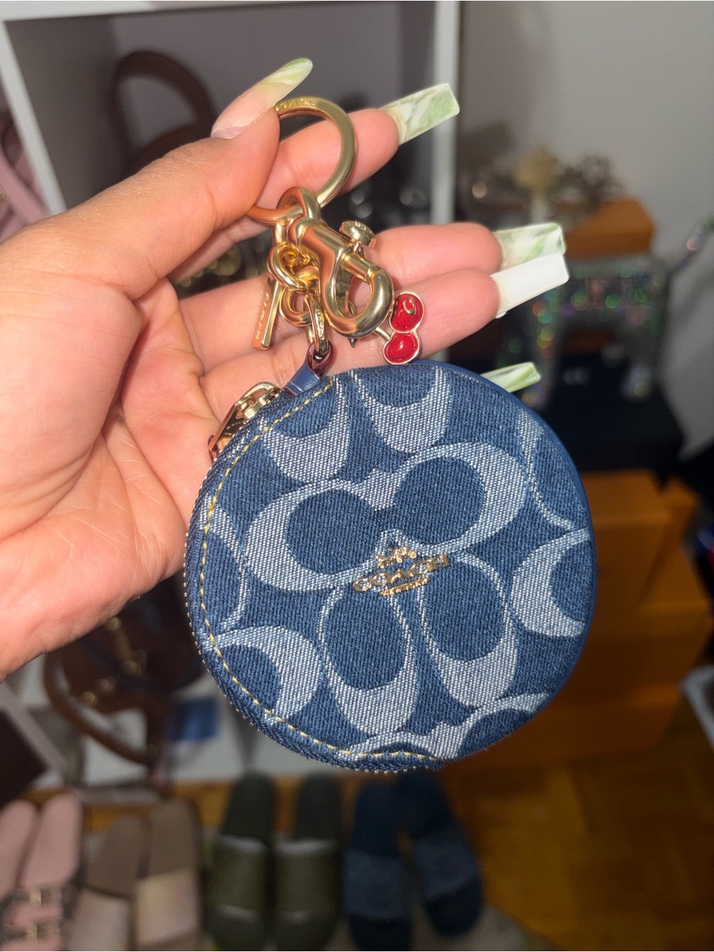 Coach Denim Signature Round Coin Pouch Keyring with Gold Hardware